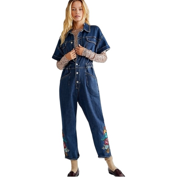 Driftwood x Free People | Randi‎ Floral Embroidered Denim Jumpsuit Medium $228 - Picture 2 of 10
